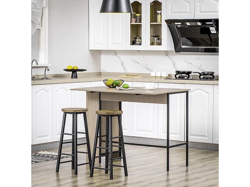 Table de bar extensible design industriel - 3 étagères intégrées - châssis métal noir aspect bois gris