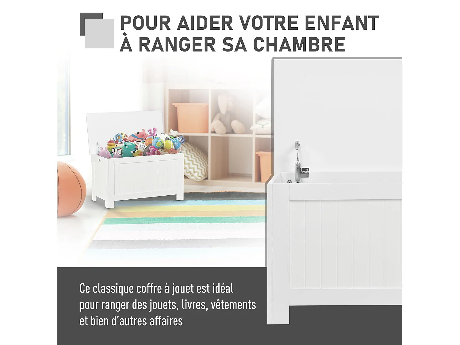 Coffre malle de rangement 81L x 40l x 46H cm MDF blanc