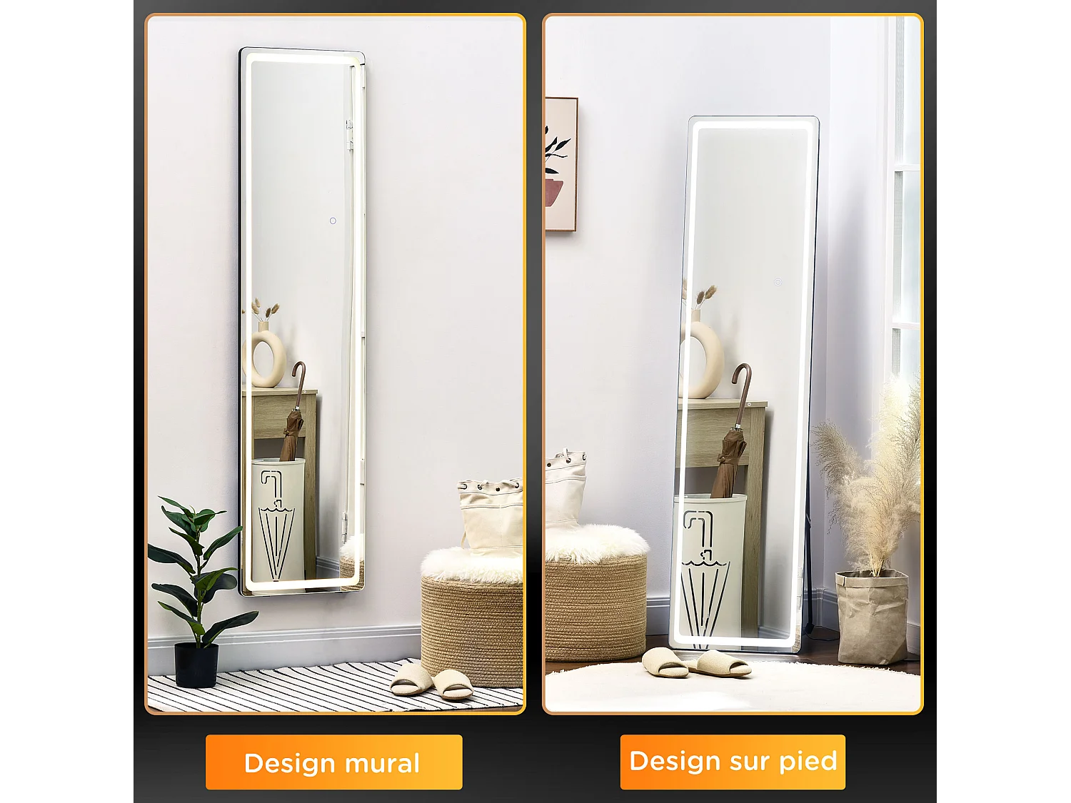 Miroir LED sur pied ou mural au choix - intensité et couleur réglable - télécommande incluse - verre alu. noir