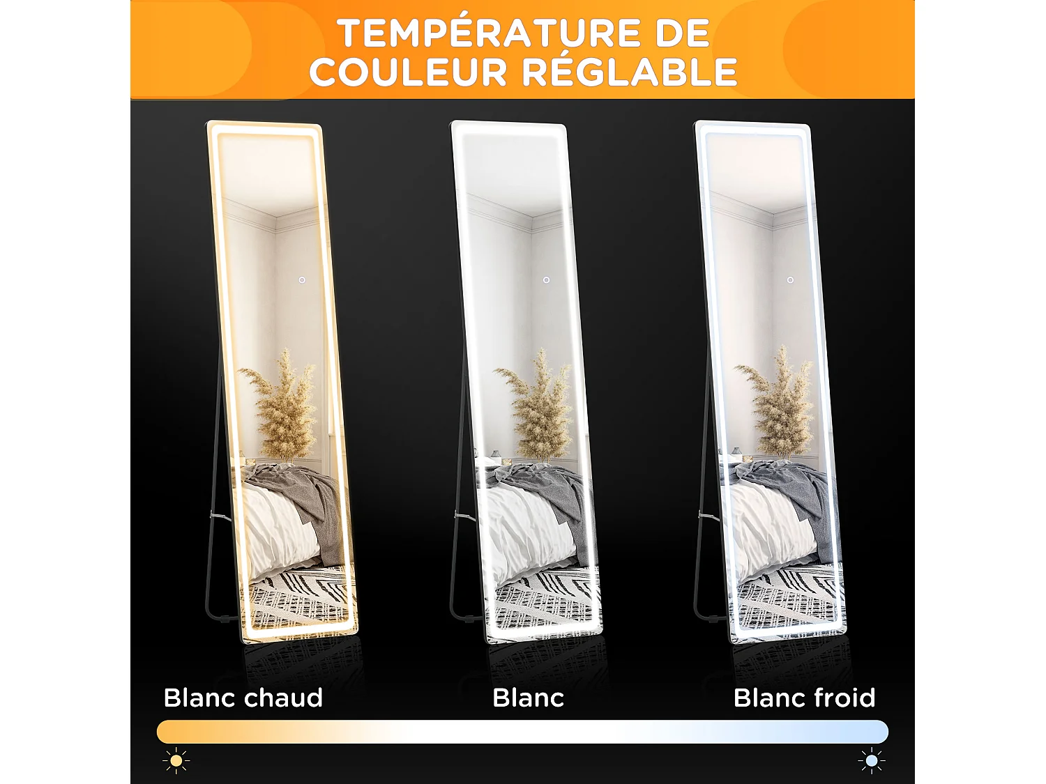 Miroir LED sur pied ou mural au choix - intensité et couleur réglable - télécommande incluse - verre alu. noir