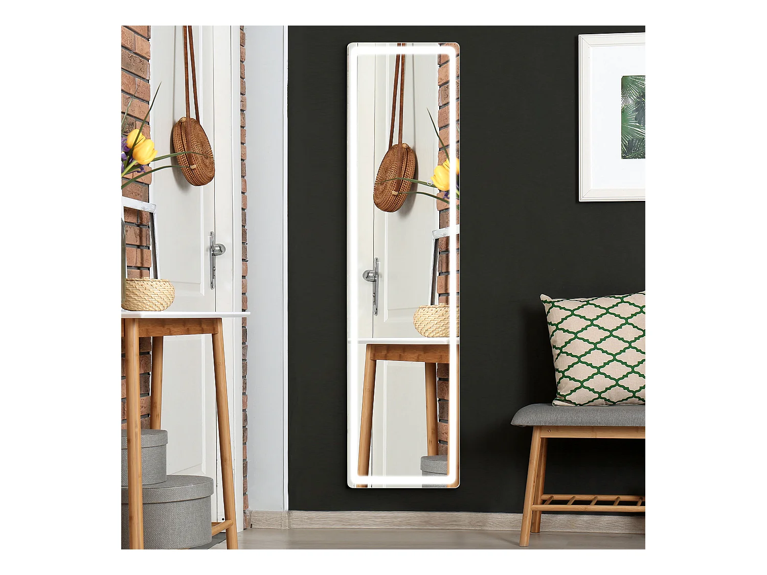 Miroir LED sur pied ou mural au choix - intensité et couleur réglable - télécommande incluse - verre alu. noir