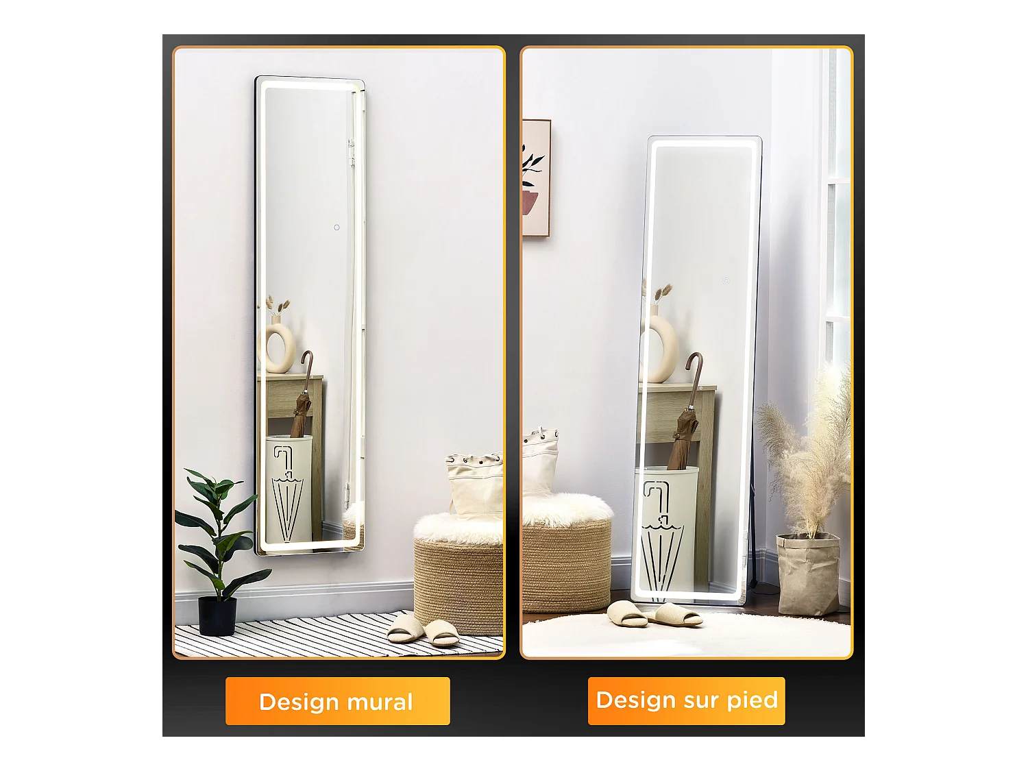 Miroir LED sur pied ou mural au choix - intensité et couleur réglable - télécommande incluse - verre alu. noir