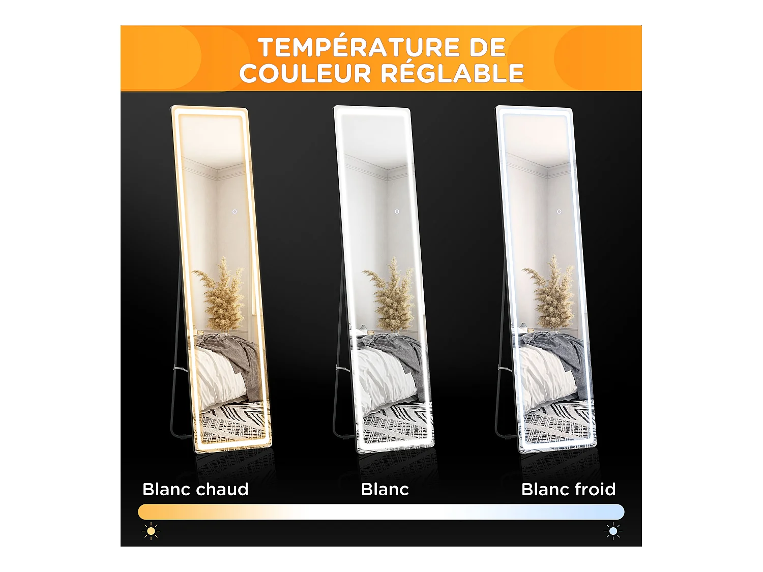 Miroir LED sur pied ou mural au choix - intensité et couleur réglable - télécommande incluse - verre alu. noir