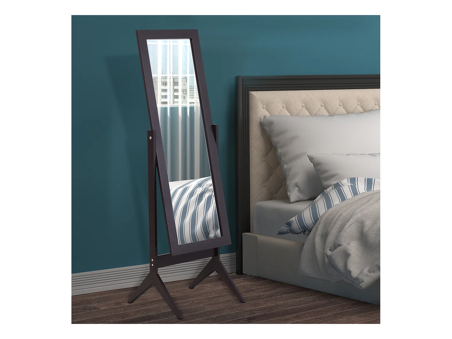 Miroir à pied inclinaison réglable dim. 47L x 46l x 148H cm MDF brun foncé