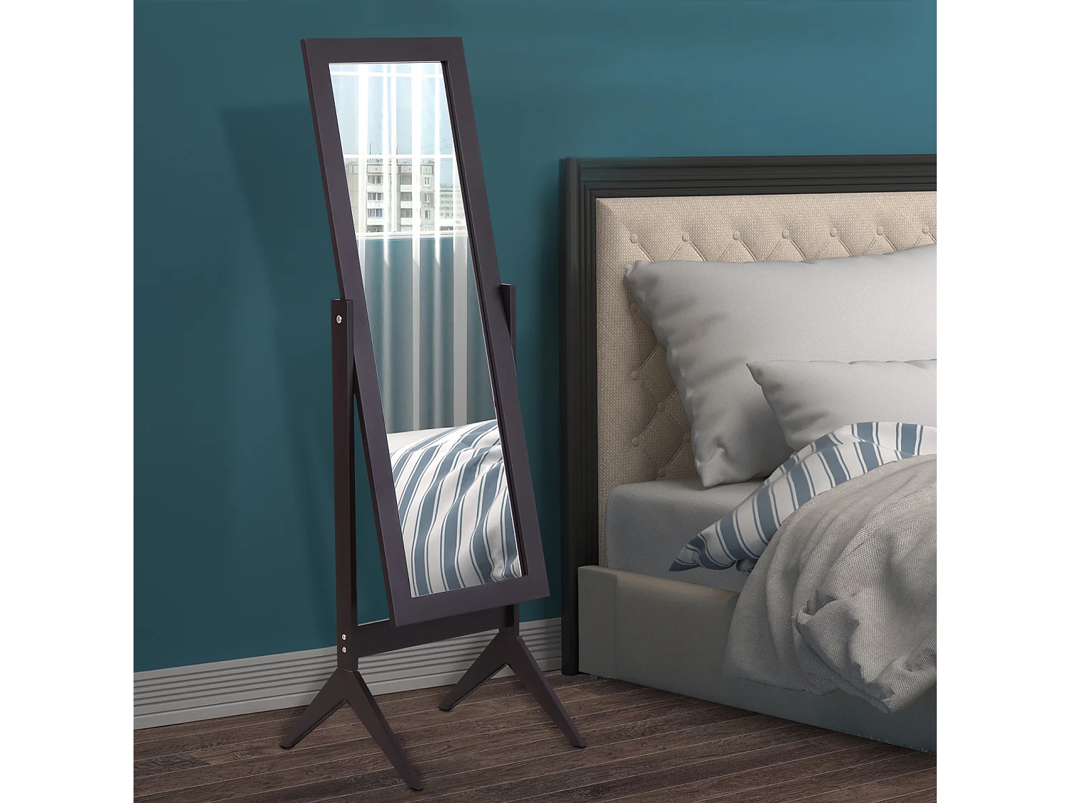 Miroir à pied inclinaison réglable dim. 47L x 46l x 148H cm MDF brun foncé