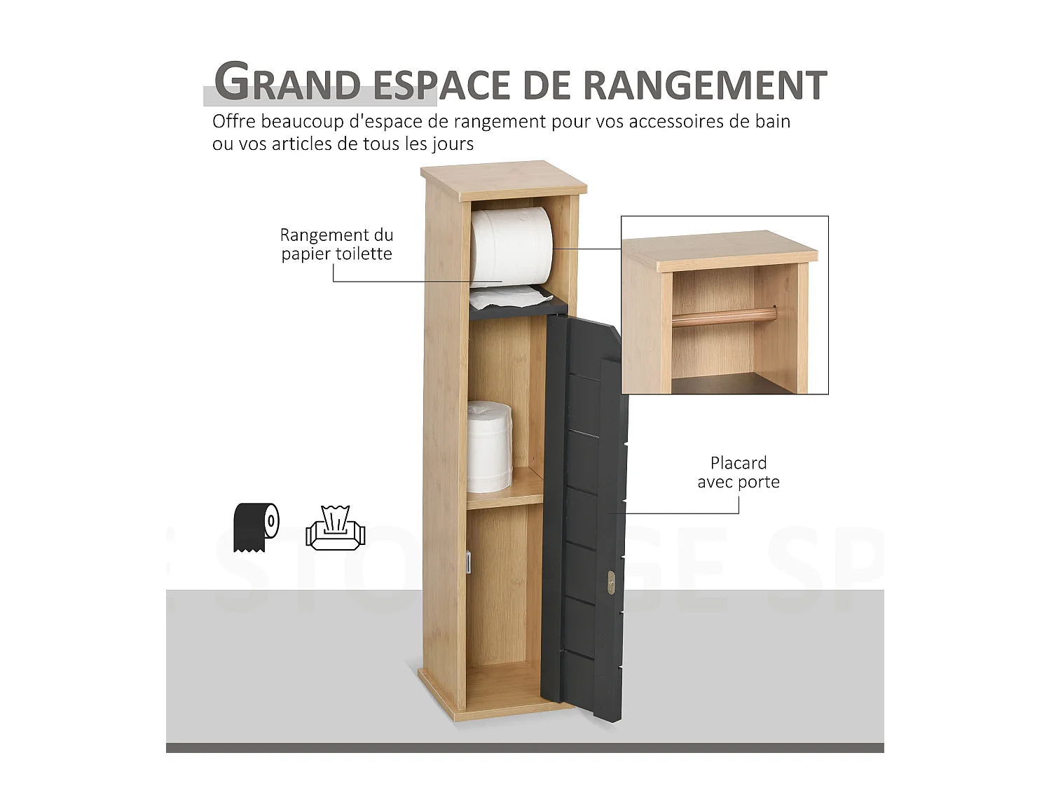 Support papier toilette - porte-papier toilette - armoire pour papier toilette - 2 niveaux + sortie papier MDF gris bambou