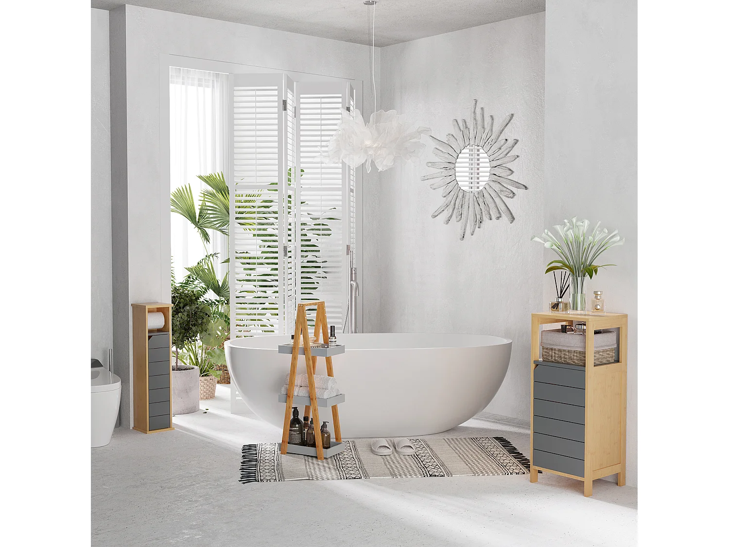 Support papier toilette - porte-papier toilette - armoire pour papier toilette - 2 niveaux + sortie papier MDF gris bambou