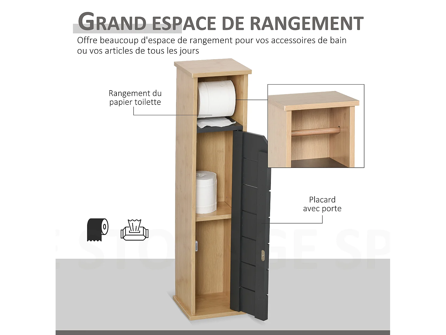 Support papier toilette - porte-papier toilette - armoire pour papier toilette - 2 niveaux + sortie papier MDF gris bambou