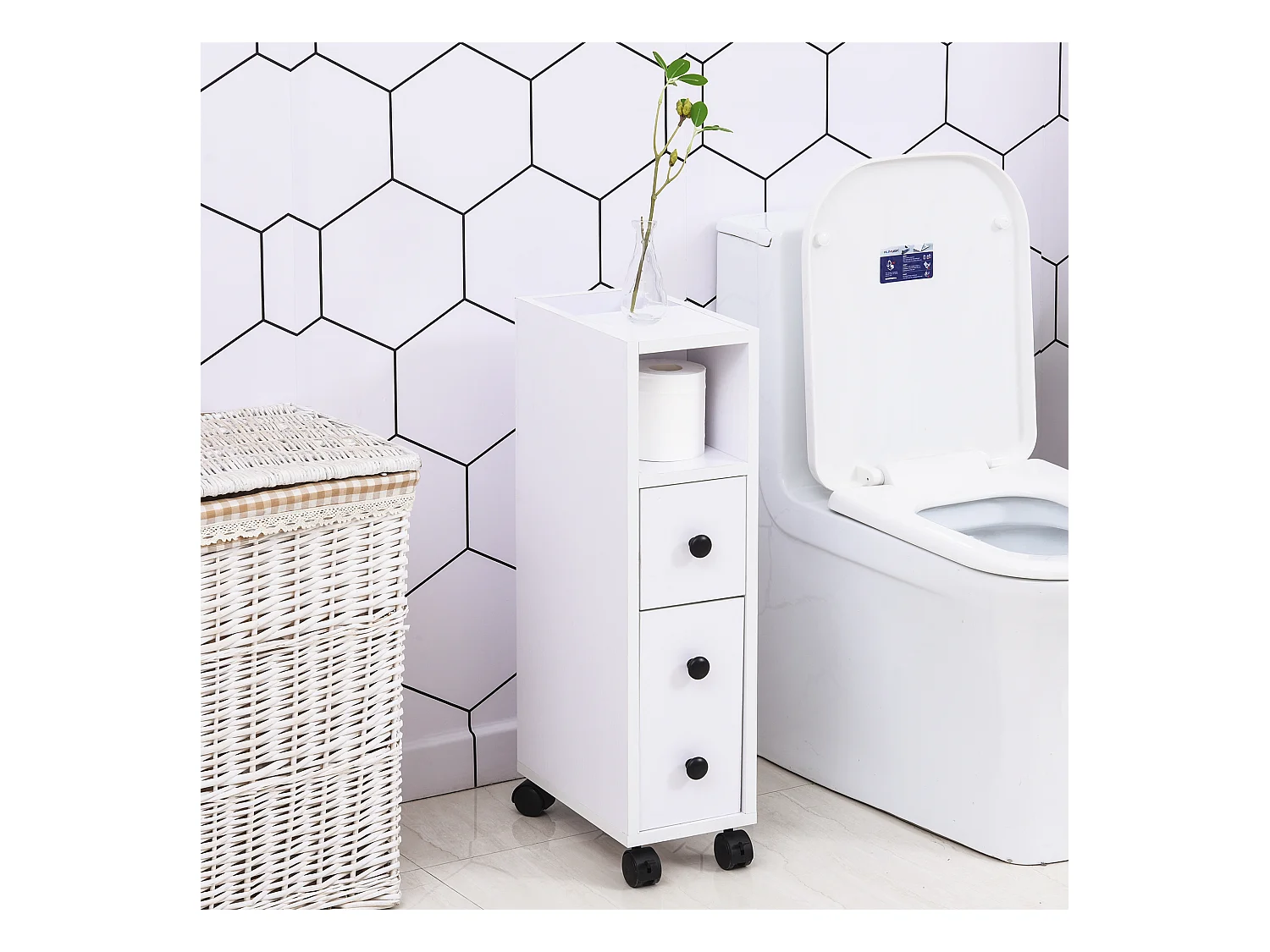 Meuble bas colonne rangement salle de bain à roulettes blanc dim. 18L x 30l x 68,5H cm