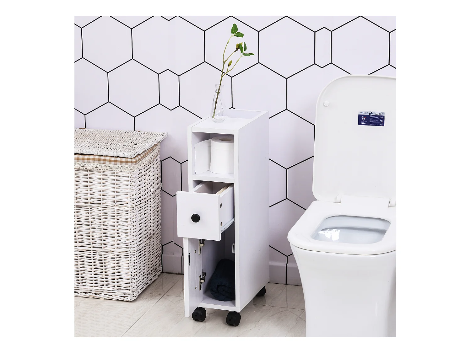 Meuble bas colonne rangement salle de bain à roulettes blanc dim. 18L x 30l x 68,5H cm