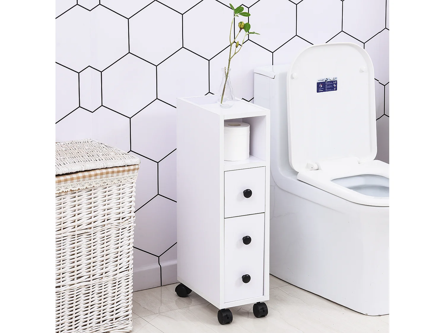 Meuble bas colonne rangement salle de bain à roulettes blanc dim. 18L x 30l x 68,5H cm