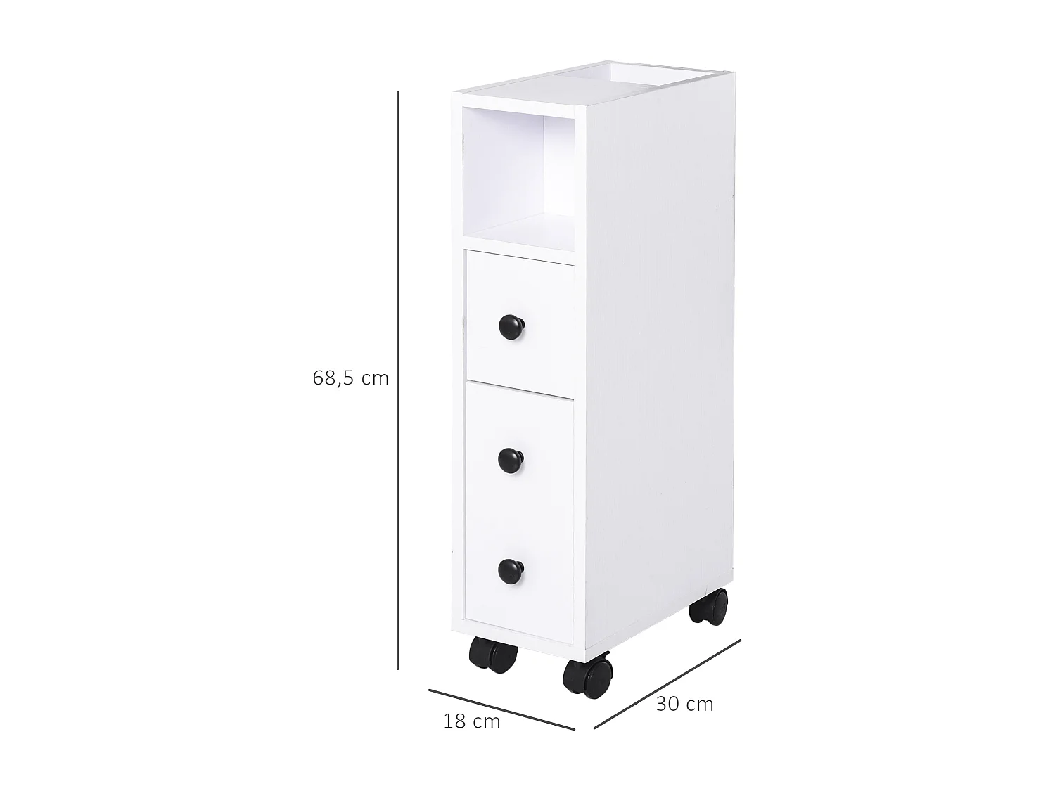 Meuble bas colonne rangement salle de bain à roulettes blanc dim. 18L x 30l x 68,5H cm