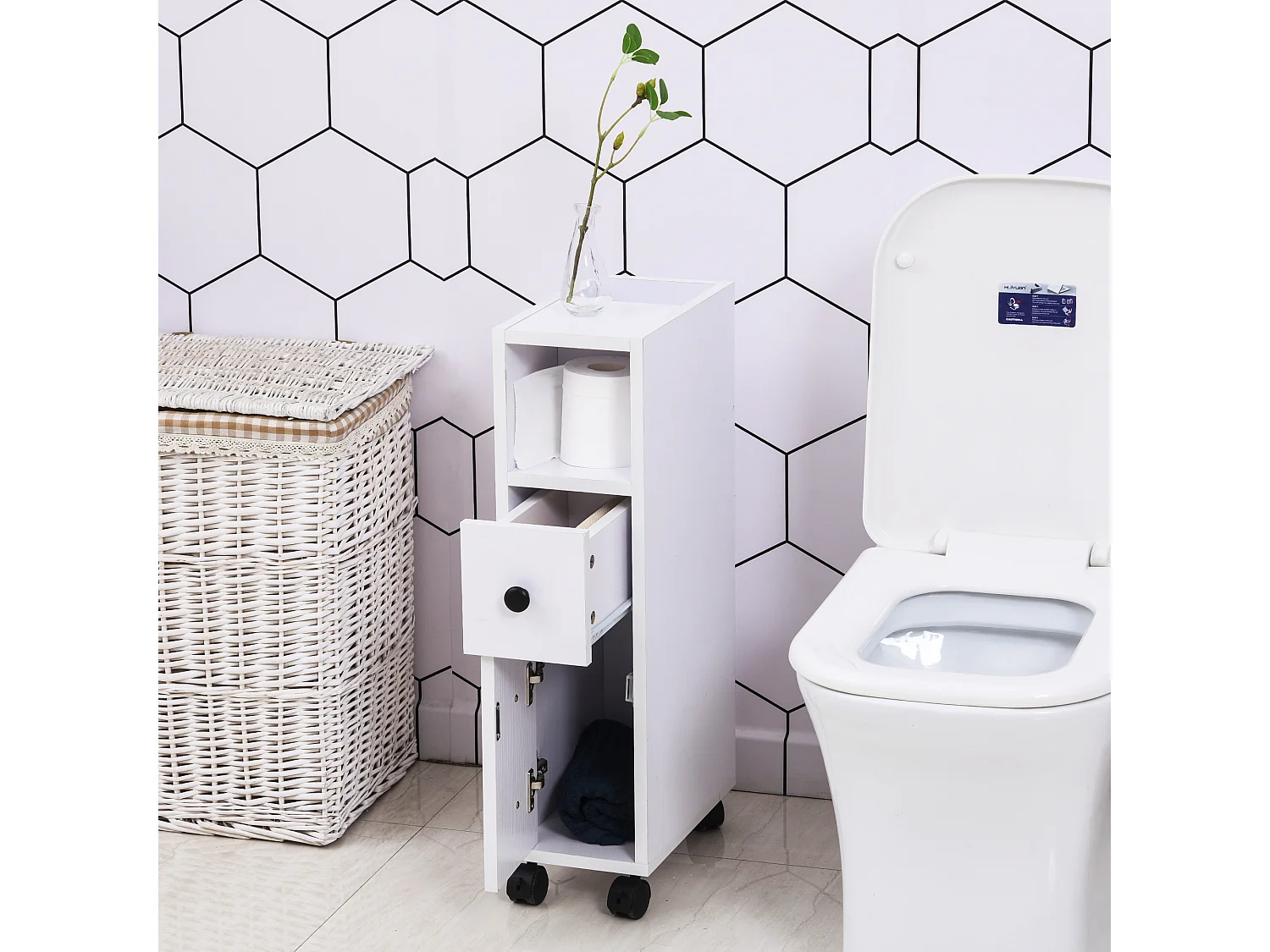 Meuble bas colonne rangement salle de bain à roulettes blanc dim. 18L x 30l x 68,5H cm