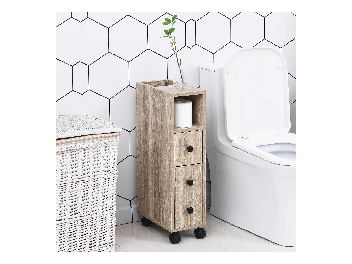 Support papier toilette - porte-papier toilette - armoire pour papier toilette - 3 niveaux + sortie papier panneaux aspect chêne clair