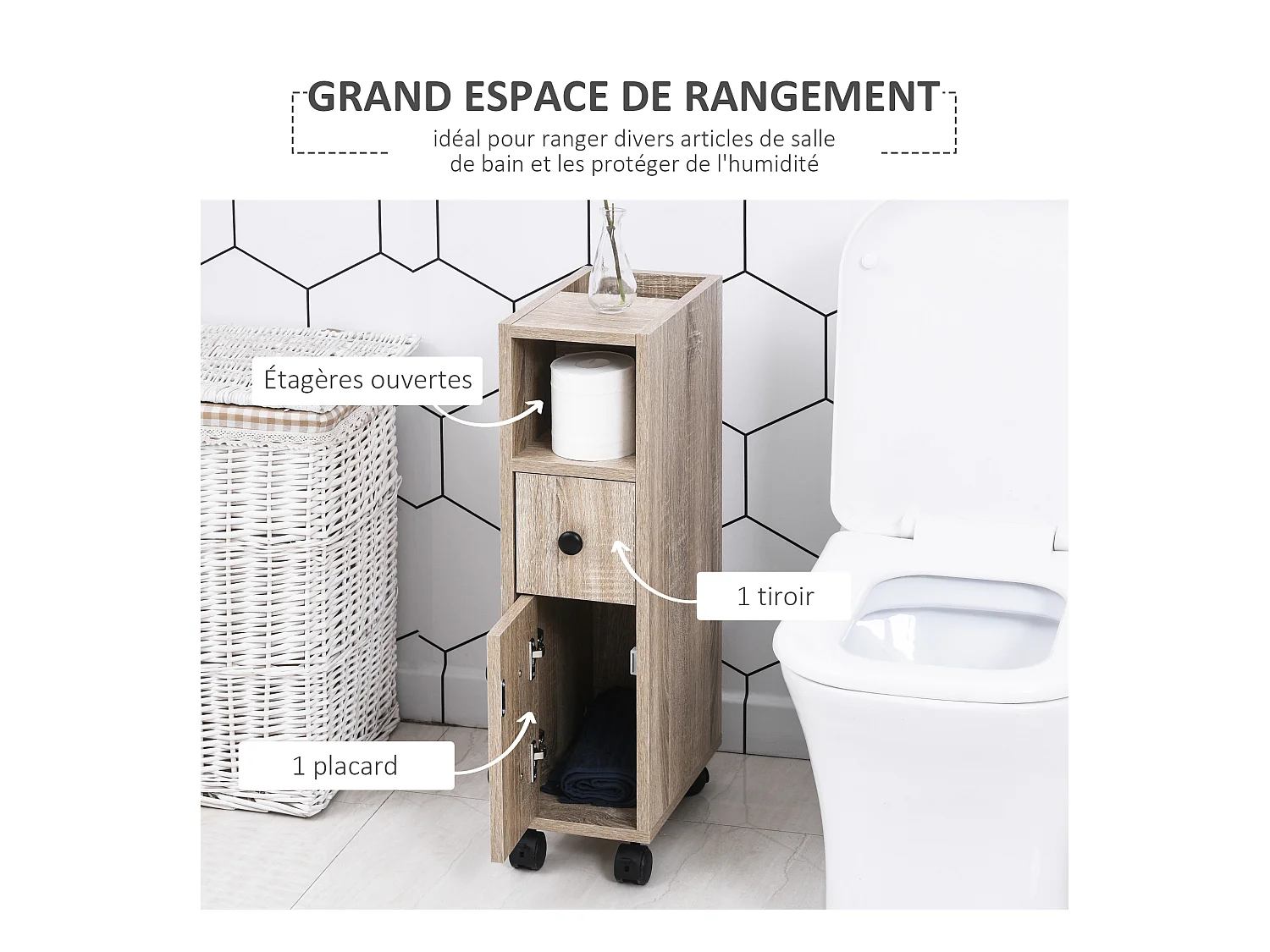 Support papier toilette - porte-papier toilette - armoire pour papier toilette - 3 niveaux + sortie papier panneaux aspect chêne clair