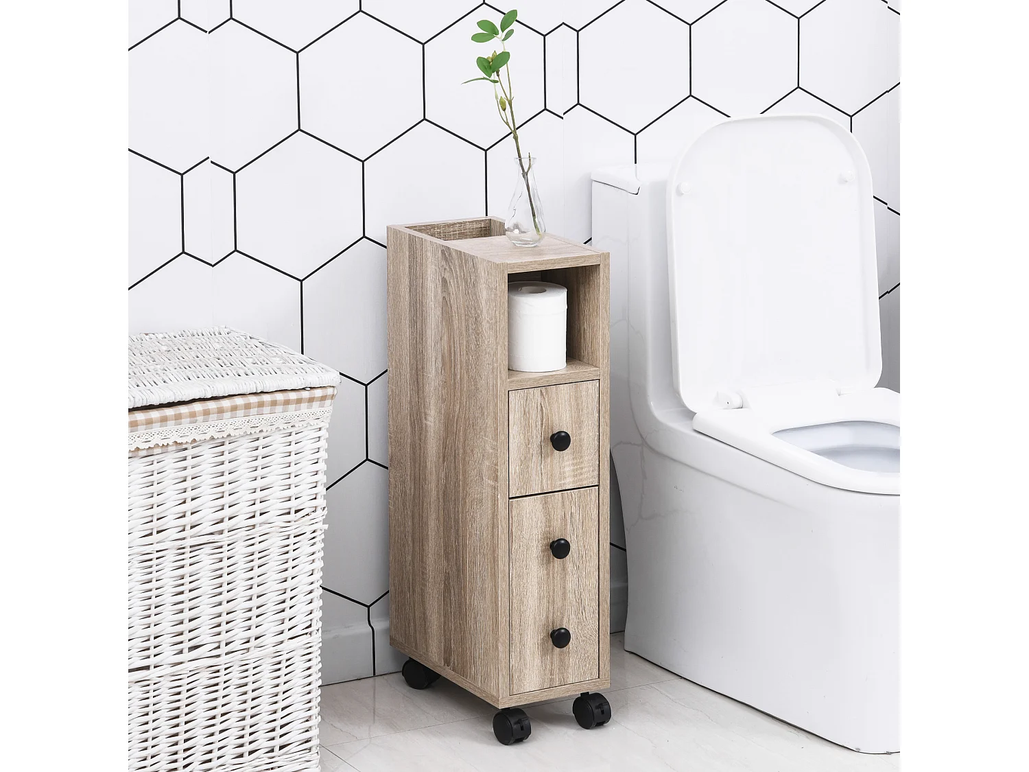 Support papier toilette - porte-papier toilette - armoire pour papier toilette - 3 niveaux + sortie papier panneaux aspect chêne clair