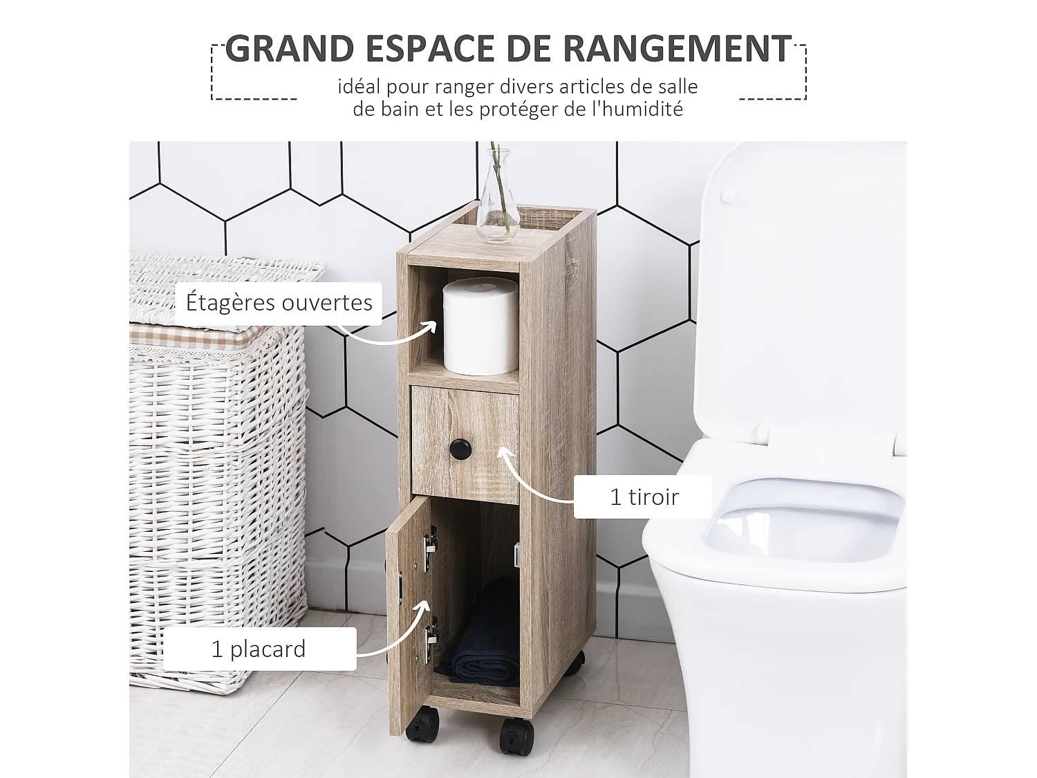 Support papier toilette - porte-papier toilette - armoire pour papier toilette - 3 niveaux + sortie papier panneaux aspect chêne clair