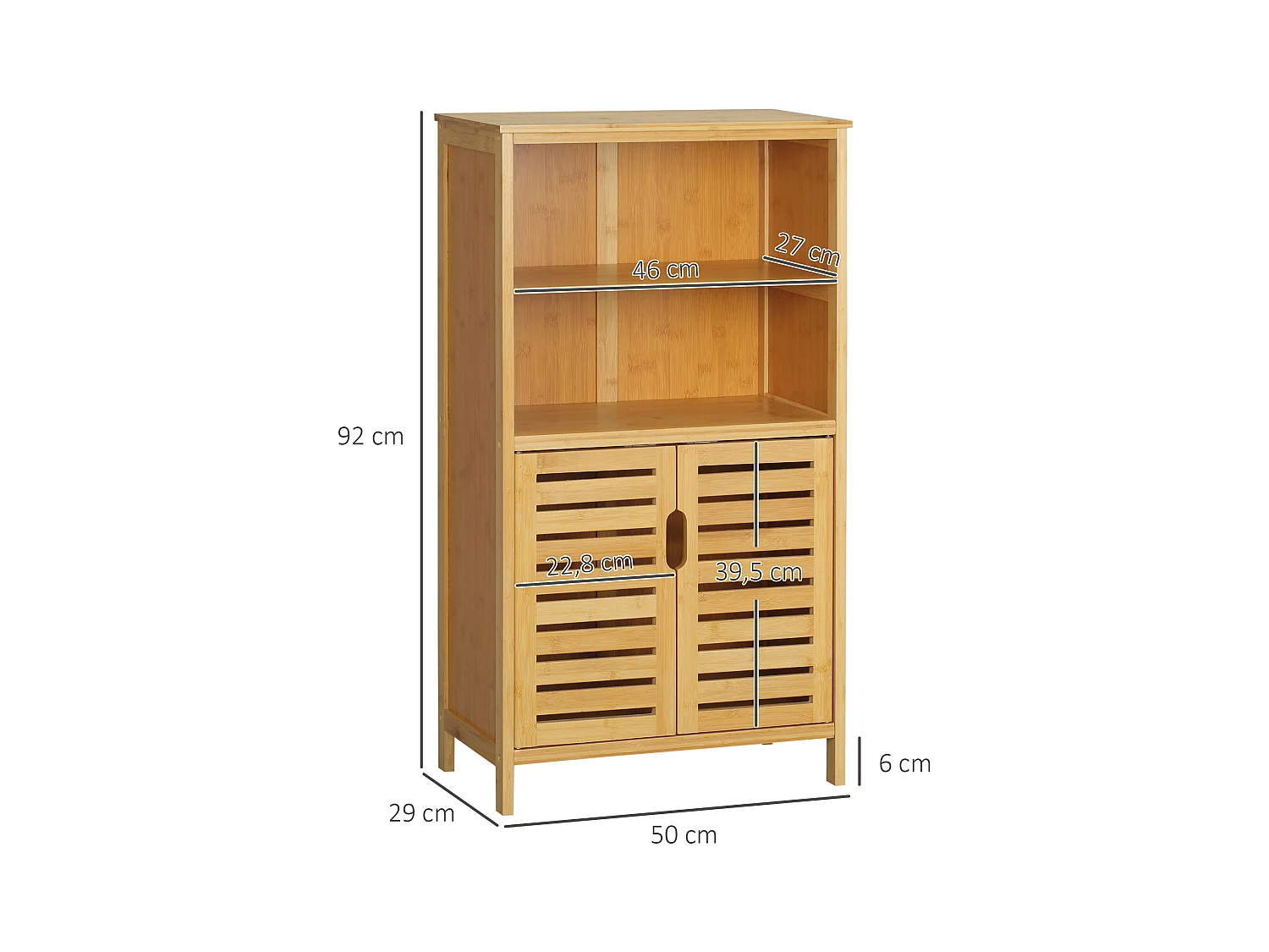 Meuble rangement bas salle de bain bambou style naturel 2 portes avec étagère 2 niches bambou