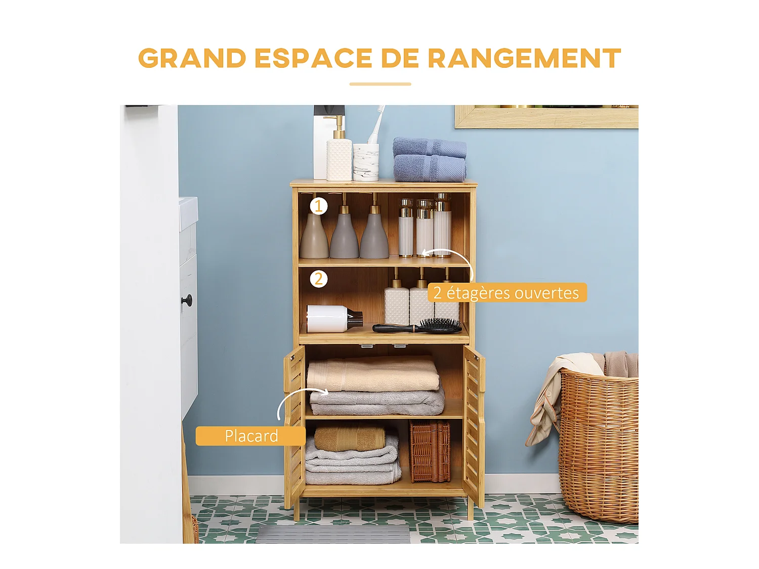 Meuble rangement bas salle de bain bambou style naturel 2 portes avec étagère 2 niches bambou