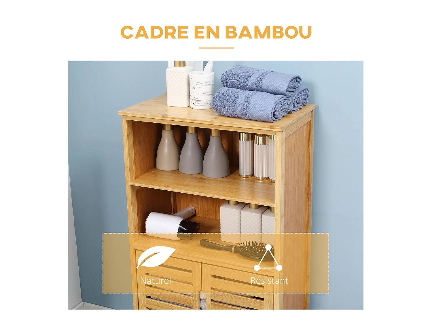 Meuble rangement bas salle de bain bambou style naturel 2 portes avec étagère 2 niches bambou