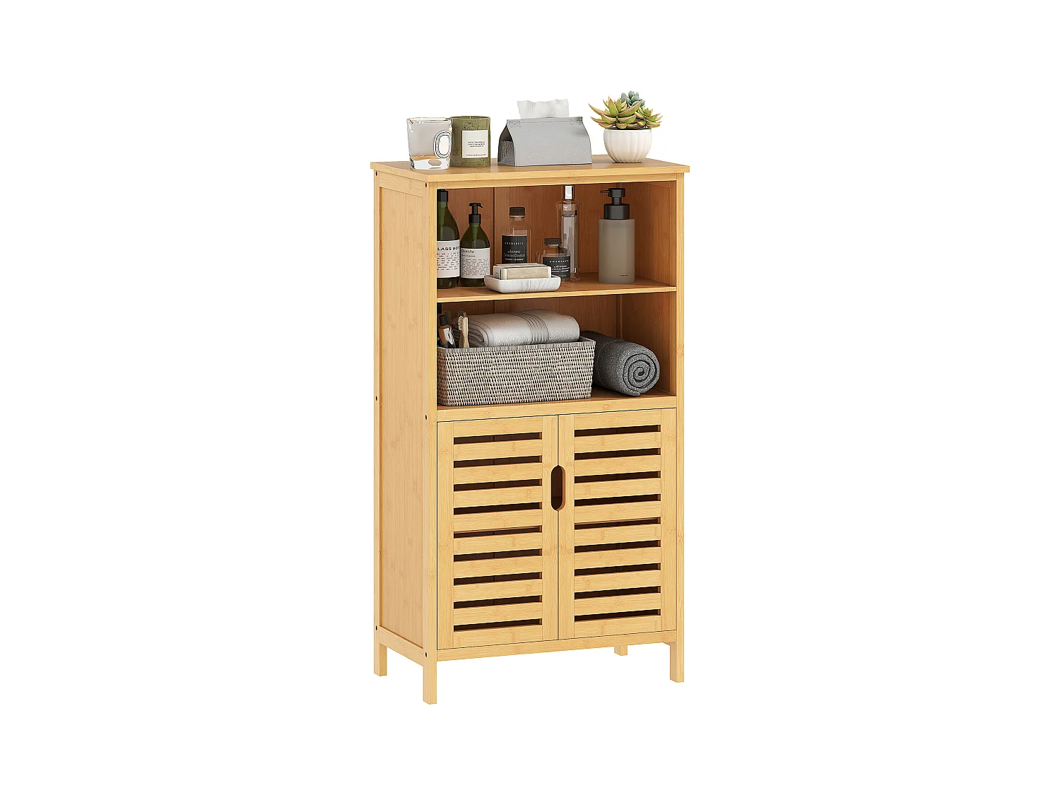 Meuble rangement bas salle de bain bambou style naturel 2 portes avec étagère 2 niches bambou