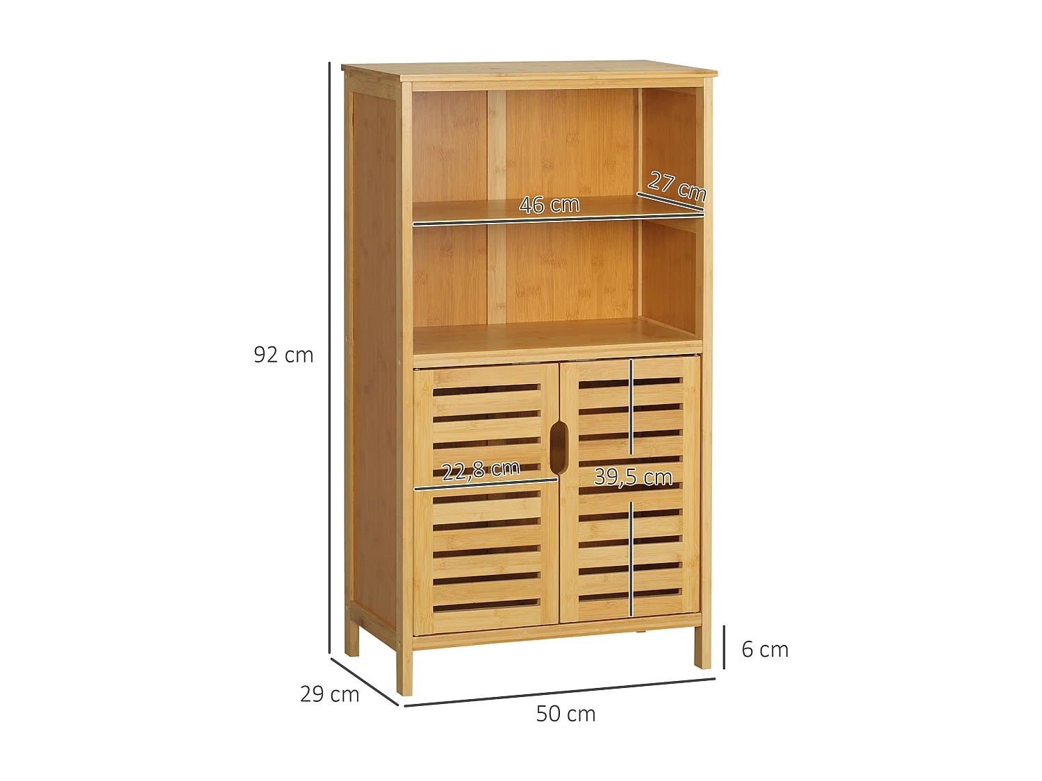 Meuble rangement bas salle de bain bambou style naturel 2 portes avec étagère 2 niches bambou