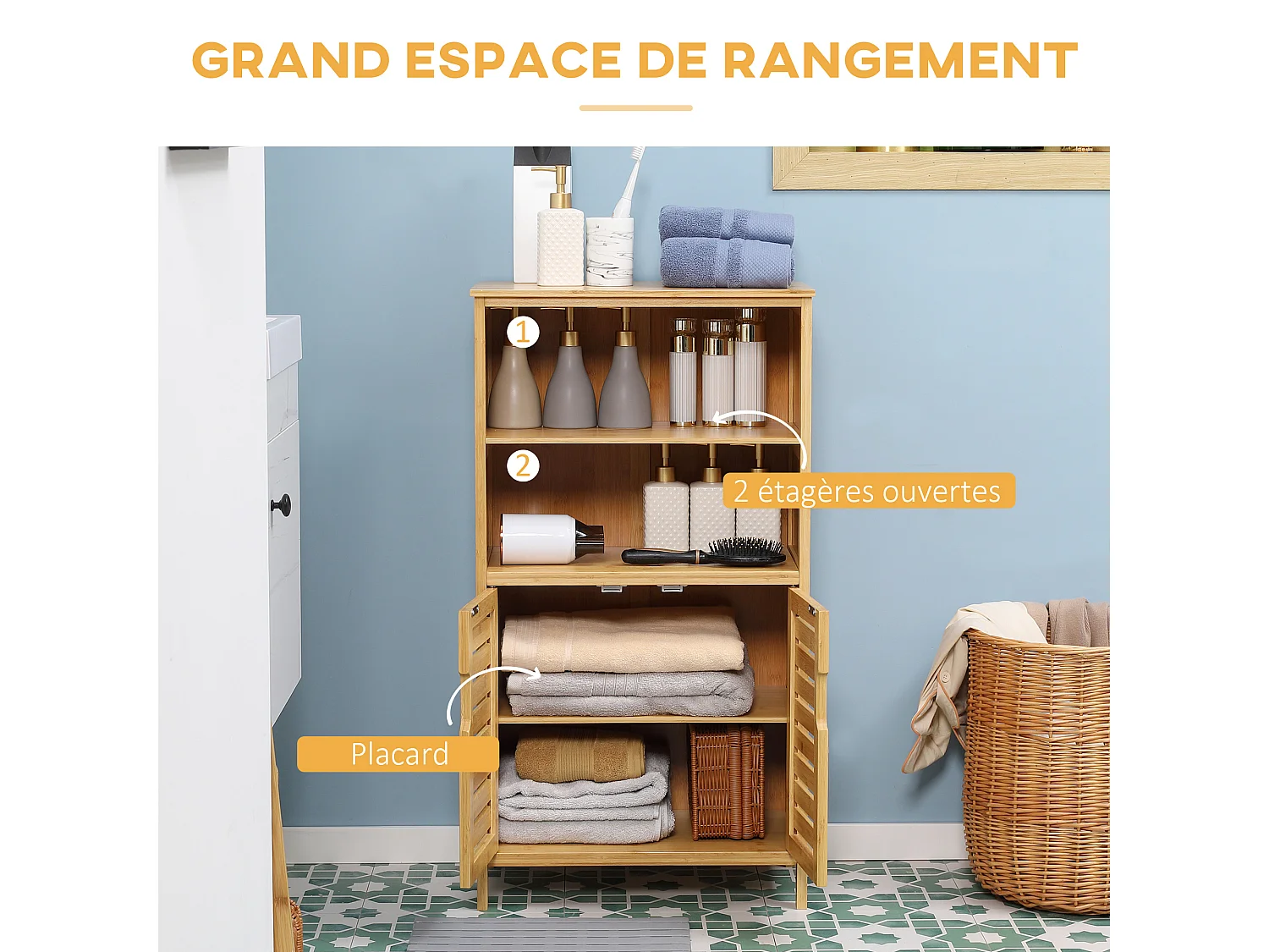 Meuble rangement bas salle de bain bambou style naturel 2 portes avec étagère 2 niches bambou