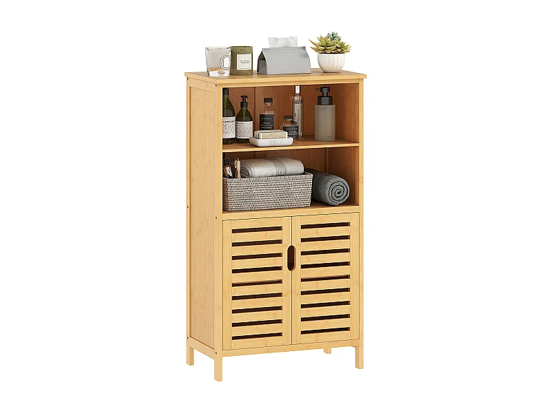 Meuble rangement bas salle de bain bambou style naturel 2 portes avec étagère 2 niches bambou