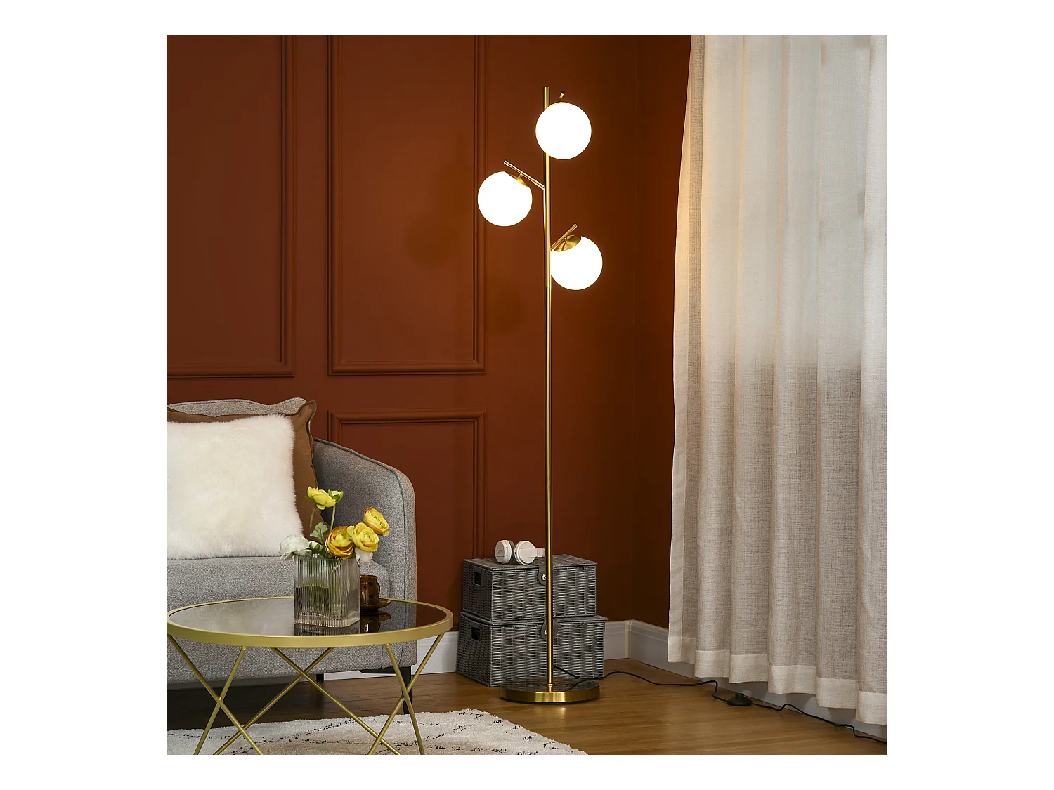 Lampadaire globe design néo-rétro 3 ampoules max. 40 W 169H cm métal doré