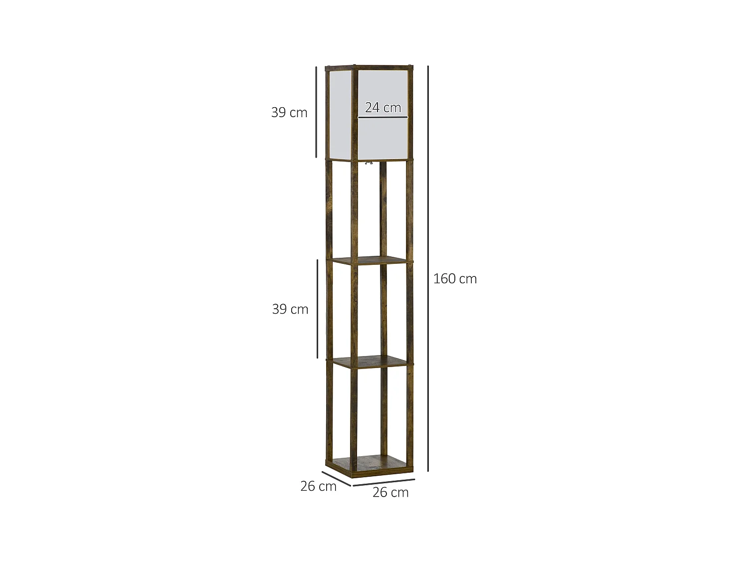 Lampadaire étagère lampe étagère 26L x 26l x 160H cm 3 étagères 4 niveaux MDF aspect bois vieilli