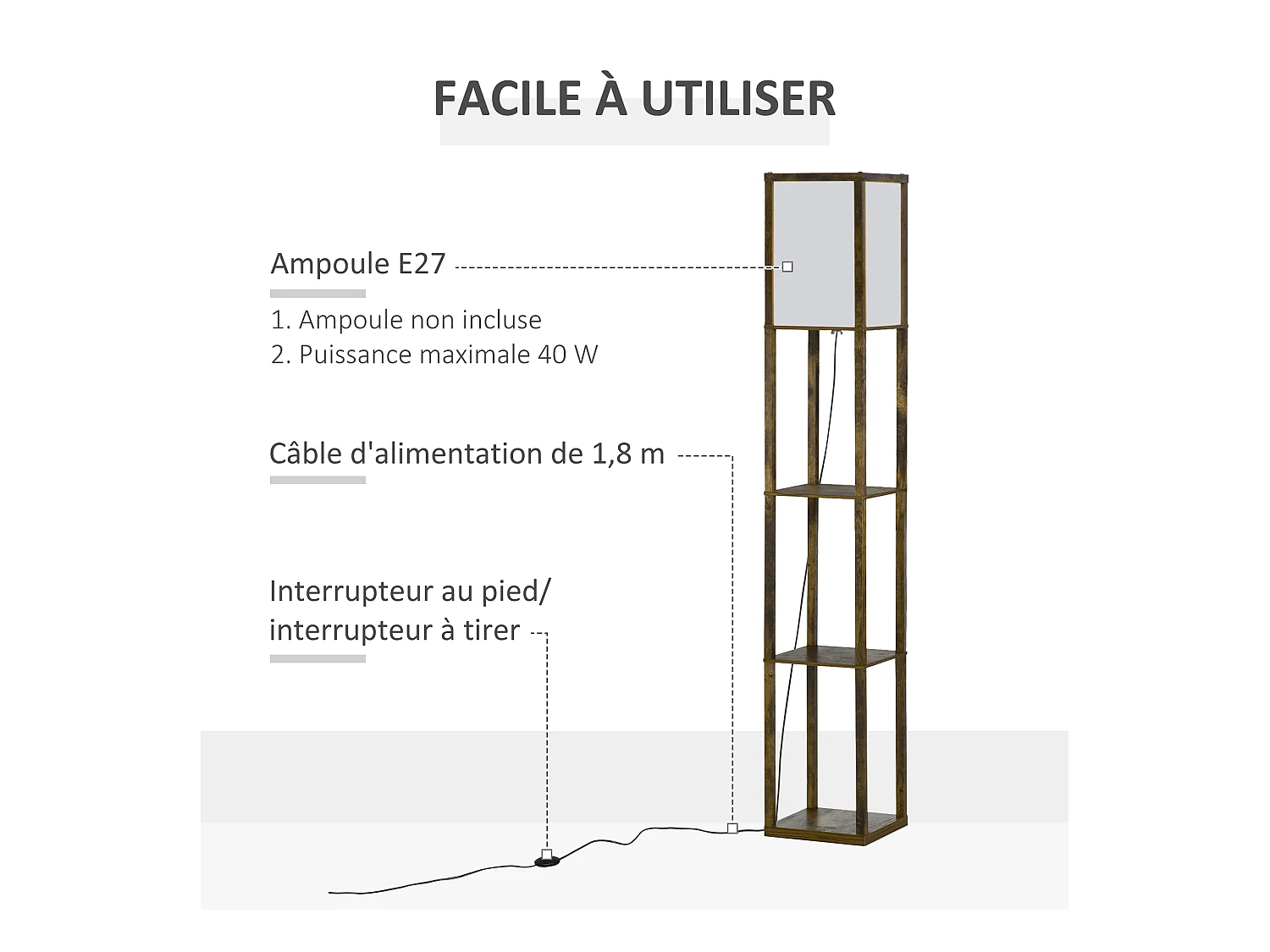Lampadaire étagère lampe étagère 26L x 26l x 160H cm 3 étagères 4 niveaux MDF aspect bois vieilli