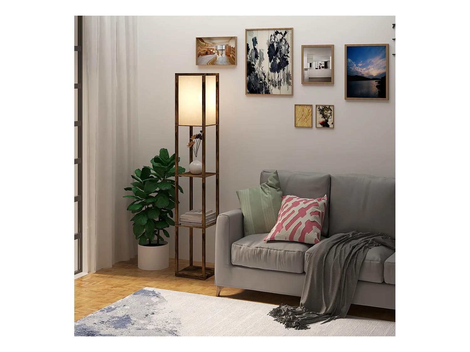 Lampadaire étagère lampe étagère 26L x 26l x 160H cm 3 étagères 4 niveaux MDF aspect bois vieilli