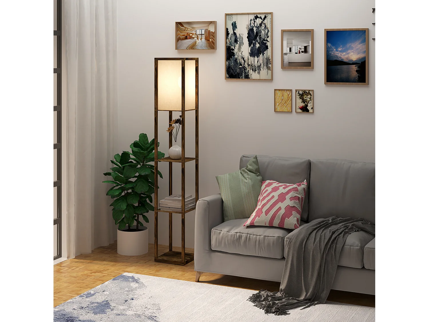 Lampadaire étagère lampe étagère 26L x 26l x 160H cm 3 étagères 4 niveaux MDF aspect bois vieilli