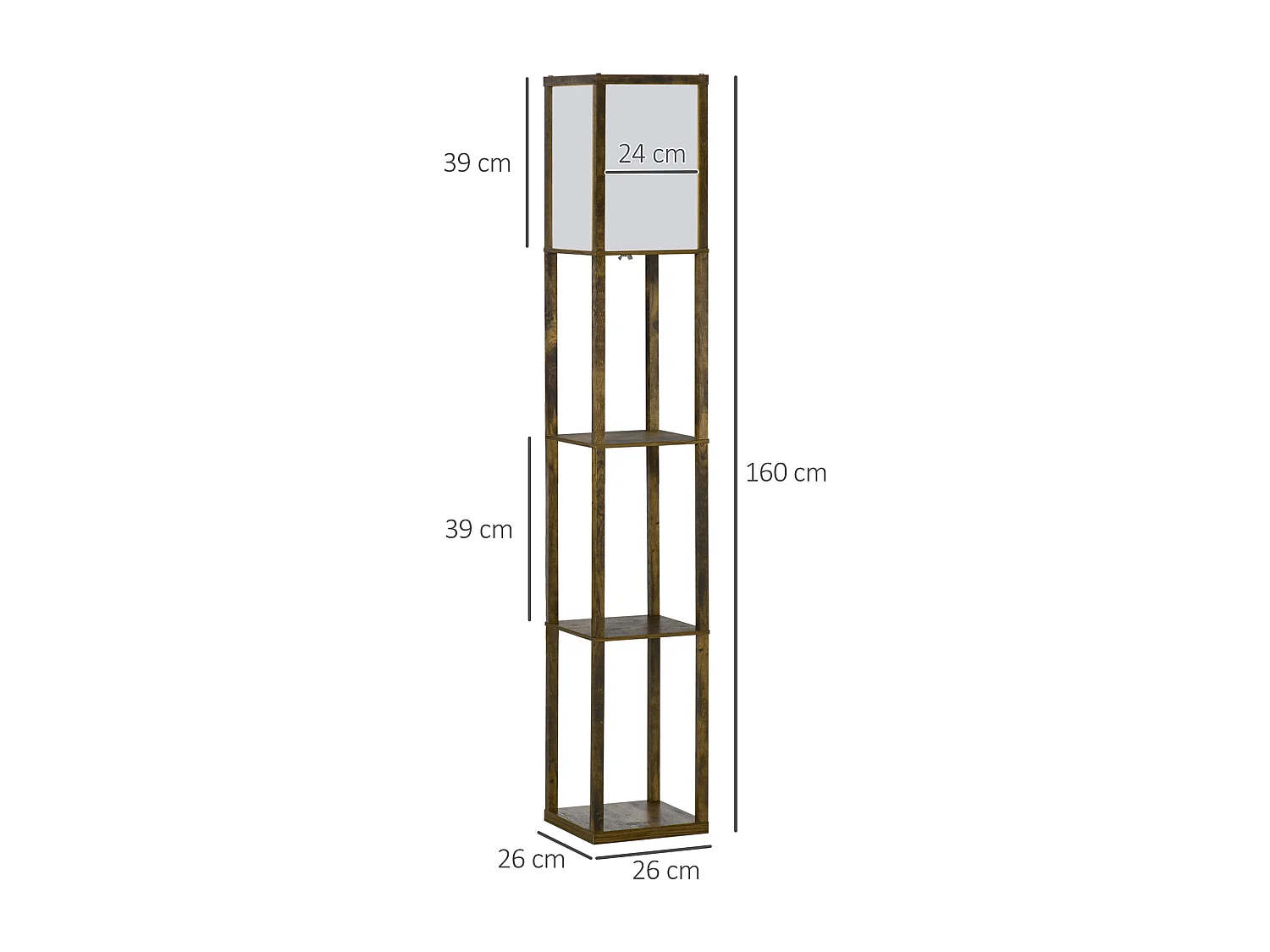 Lampadaire étagère lampe étagère 26L x 26l x 160H cm 3 étagères 4 niveaux MDF aspect bois vieilli