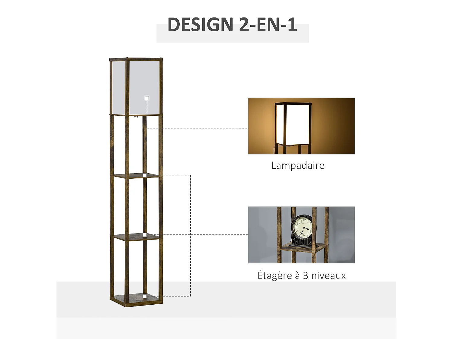 Lampadaire étagère lampe étagère 26L x 26l x 160H cm 3 étagères 4 niveaux MDF aspect bois vieilli