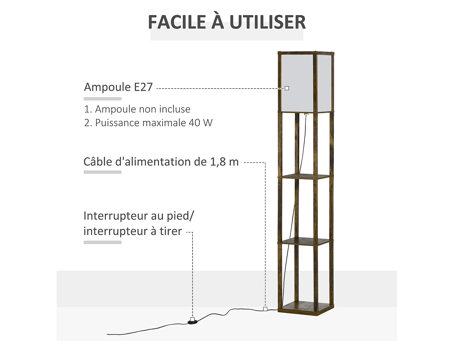 Lampadaire étagère lampe étagère 26L x 26l x 160H cm 3 étagères 4 niveaux MDF aspect bois vieilli