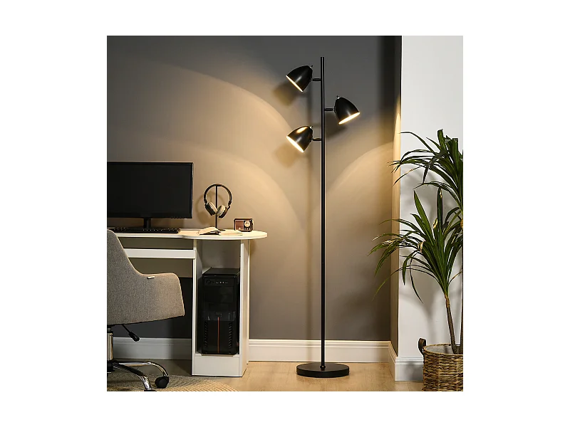 Lampadaire design industriel 3 ampoules max. 40 W abats-jours orientables acier noir