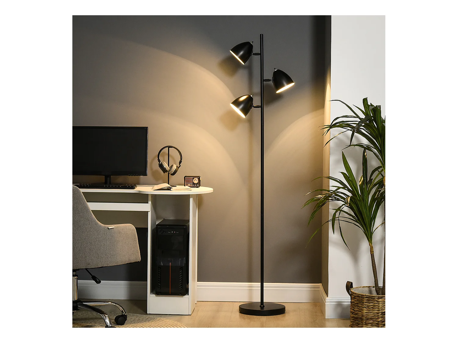 Lampadaire design industriel 3 ampoules max. 40 W abats-jours orientables acier noir