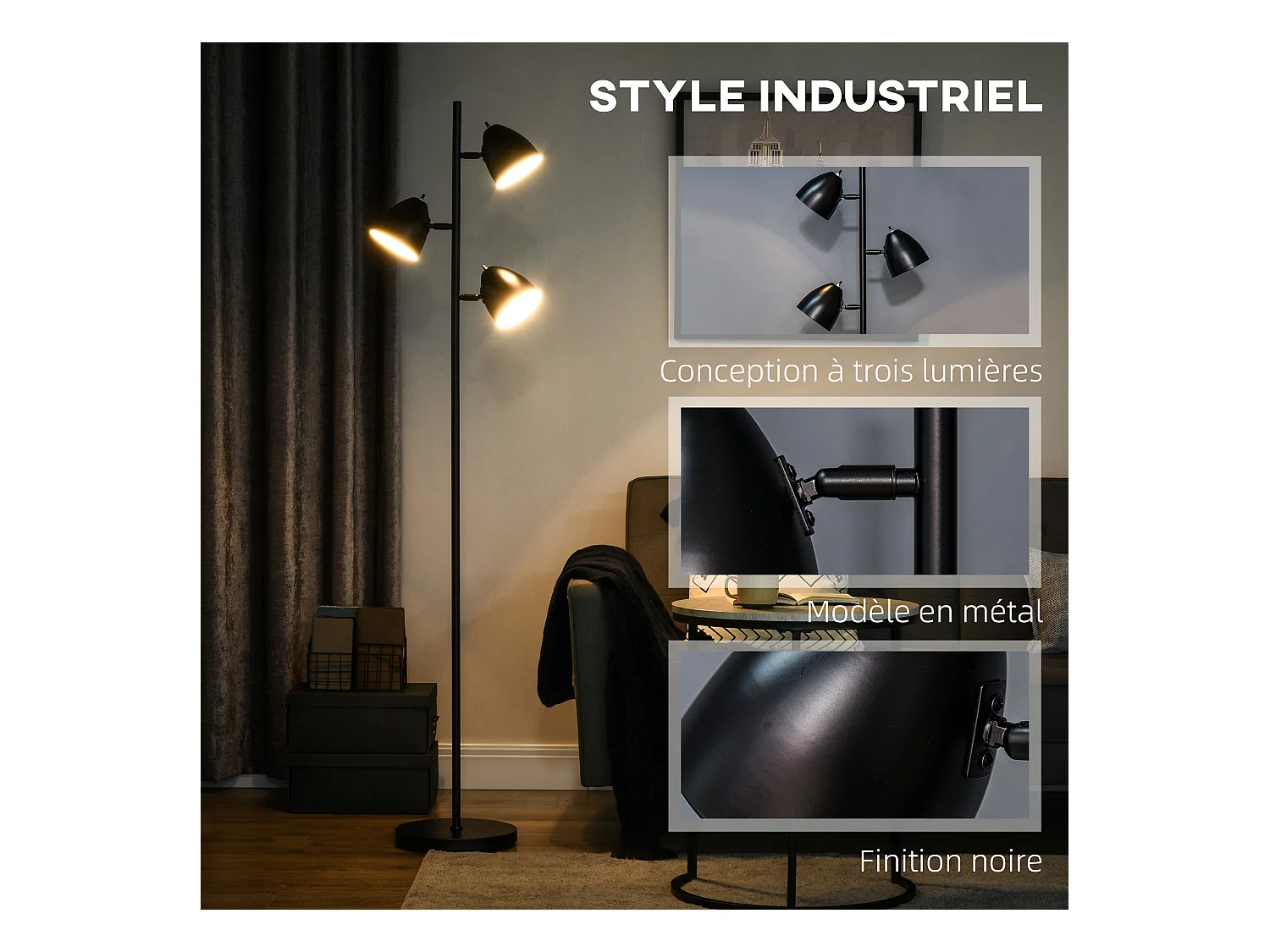 Lampadaire design industriel 3 ampoules max. 40 W abats-jours orientables acier noir