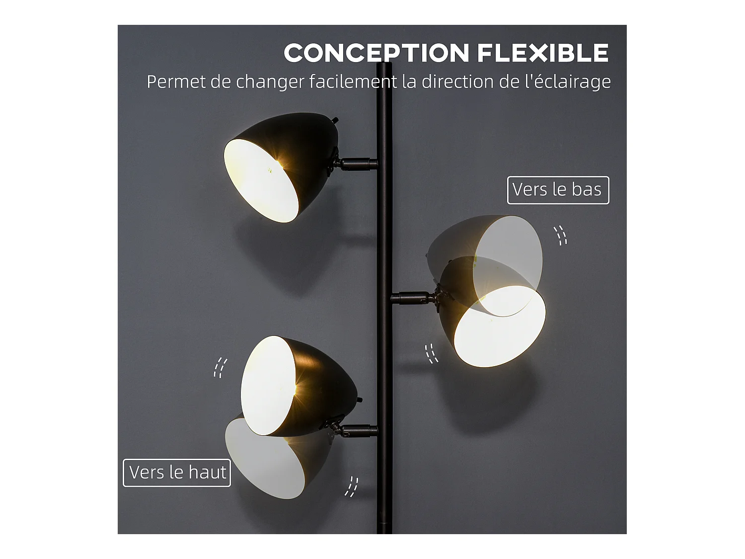 Lampadaire design industriel 3 ampoules max. 40 W abats-jours orientables acier noir