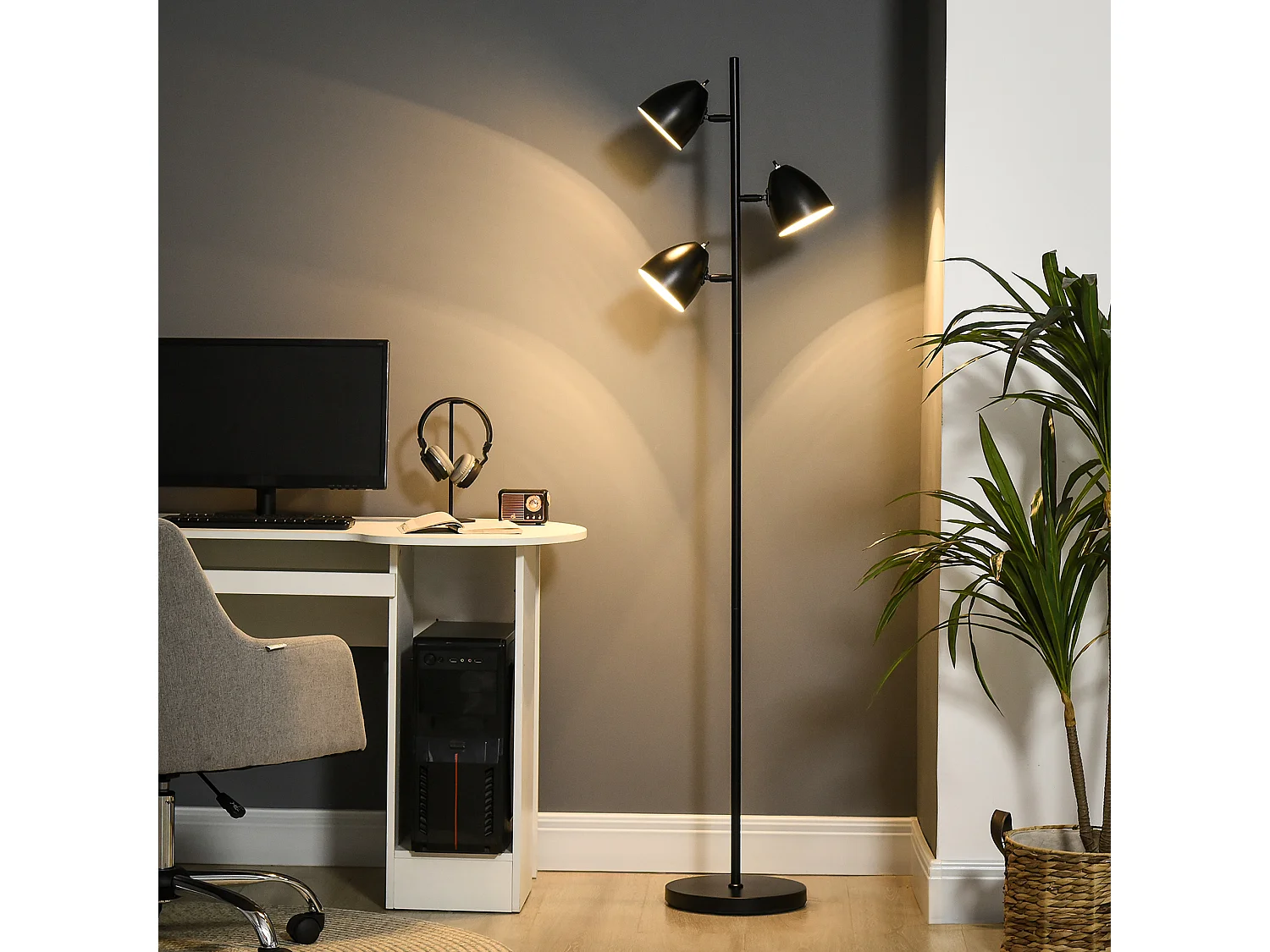 Lampadaire design industriel 3 ampoules max. 40 W abats-jours orientables acier noir