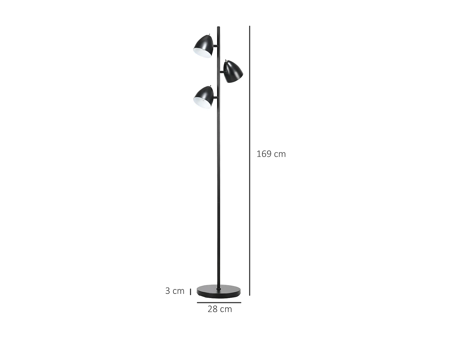 Lampadaire design industriel 3 ampoules max. 40 W abats-jours orientables acier noir