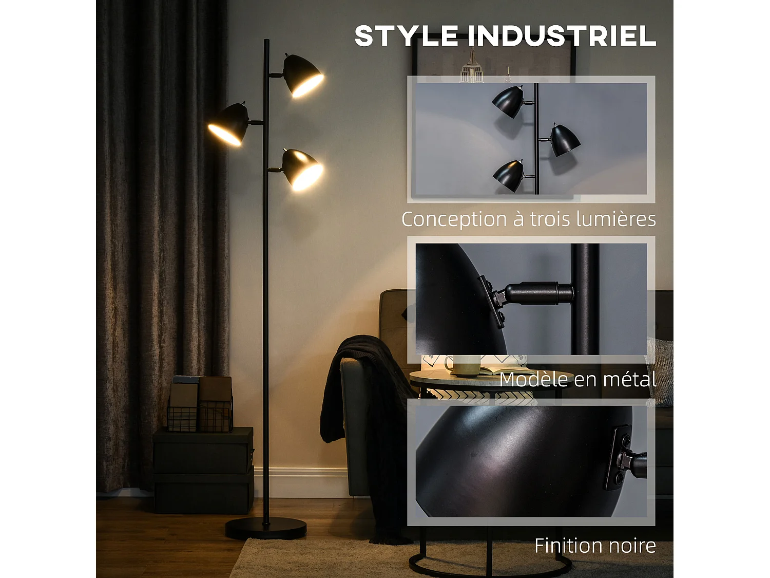 Lampadaire design industriel 3 ampoules max. 40 W abats-jours orientables acier noir