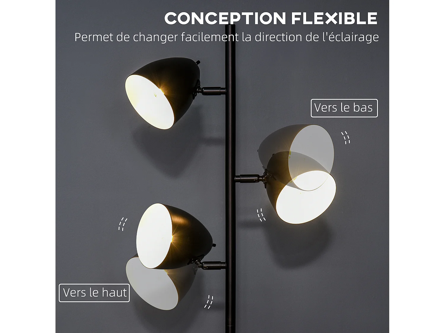 Lampadaire design industriel 3 ampoules max. 40 W abats-jours orientables acier noir