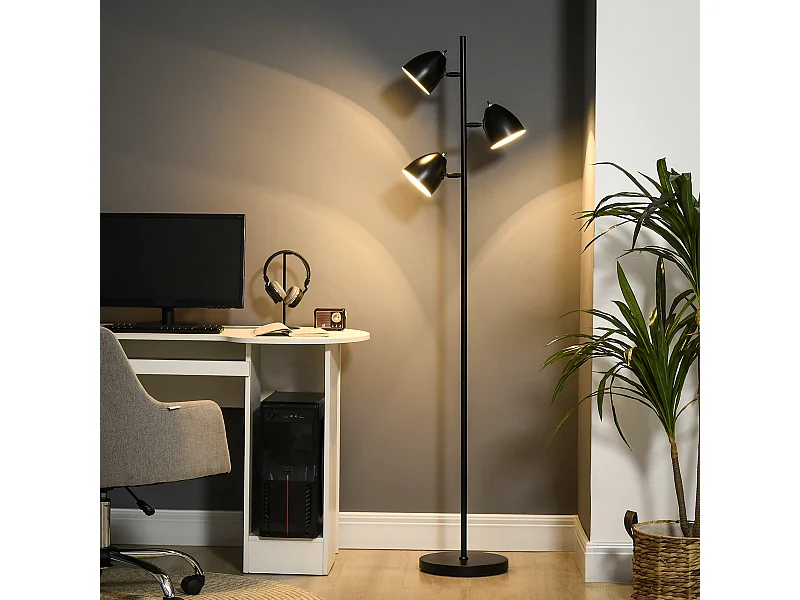 Lampadaire design industriel 3 ampoules max. 40 W abats-jours orientables acier noir