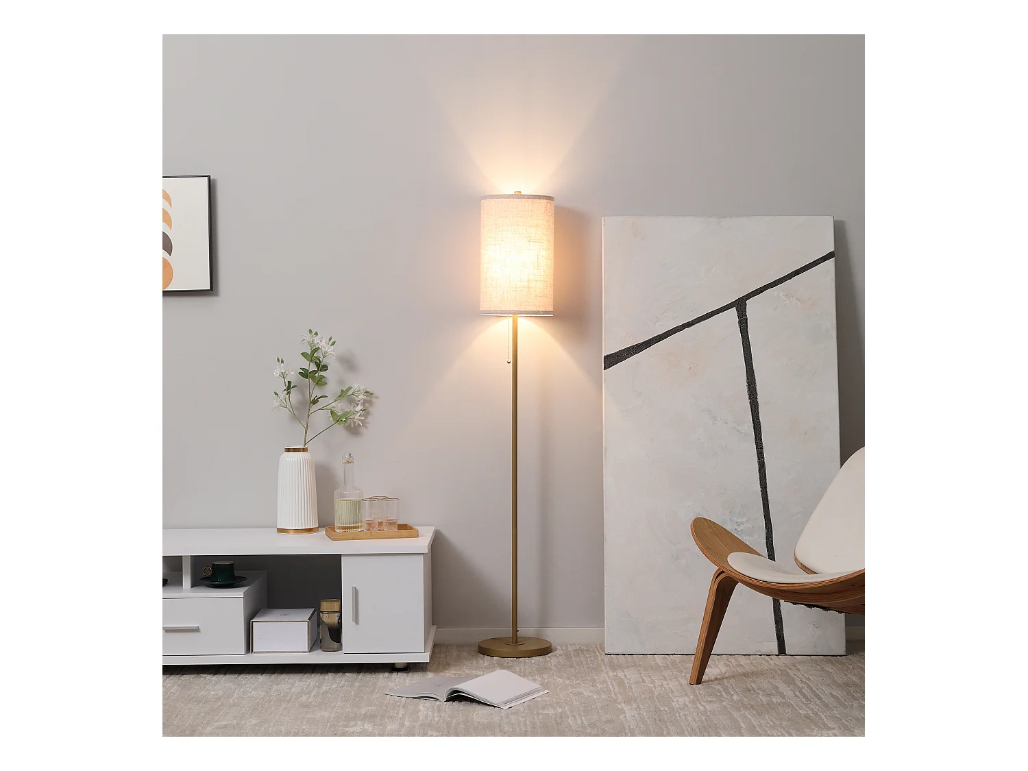 Lampadaire design néo-rétro 40 W max. piètement mât acier doré abat-jour lin crème