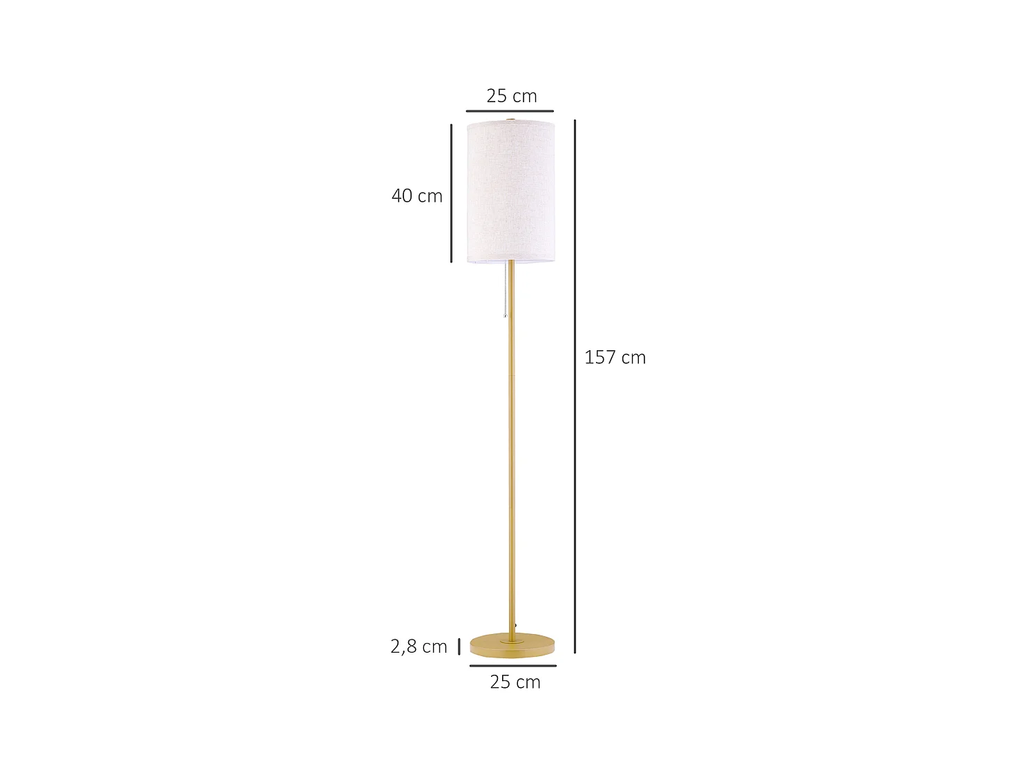 Lampadaire design néo-rétro 40 W max. piètement mât acier doré abat-jour lin crème
