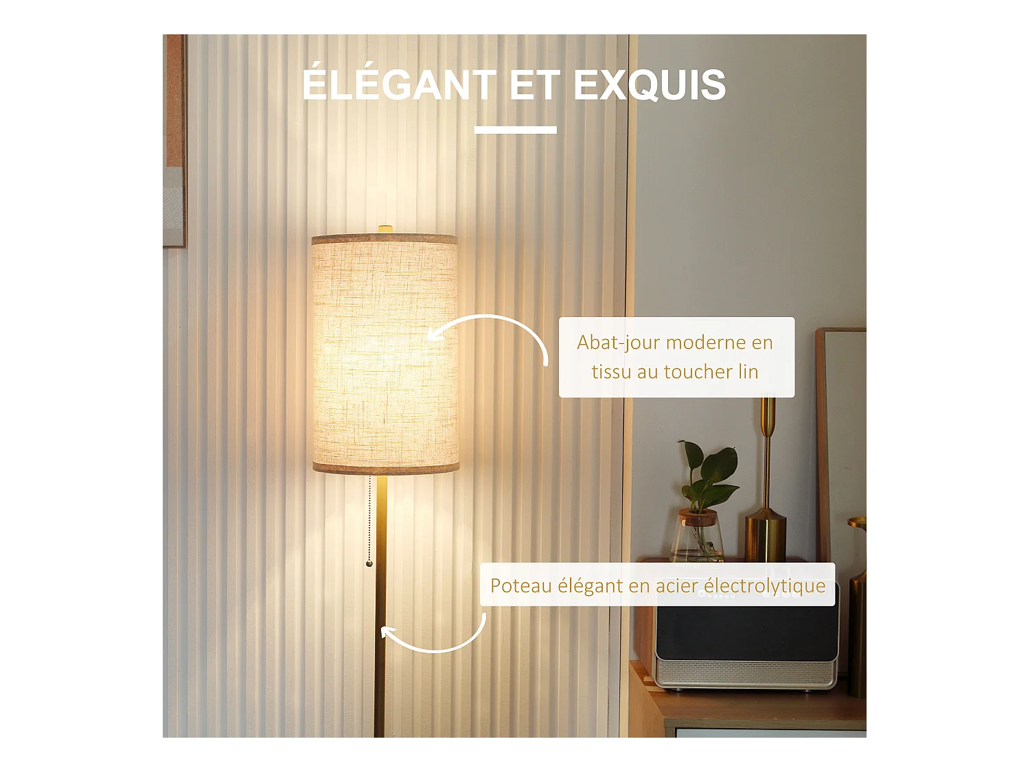 Lampadaire design néo-rétro 40 W max. piètement mât acier doré abat-jour lin crème