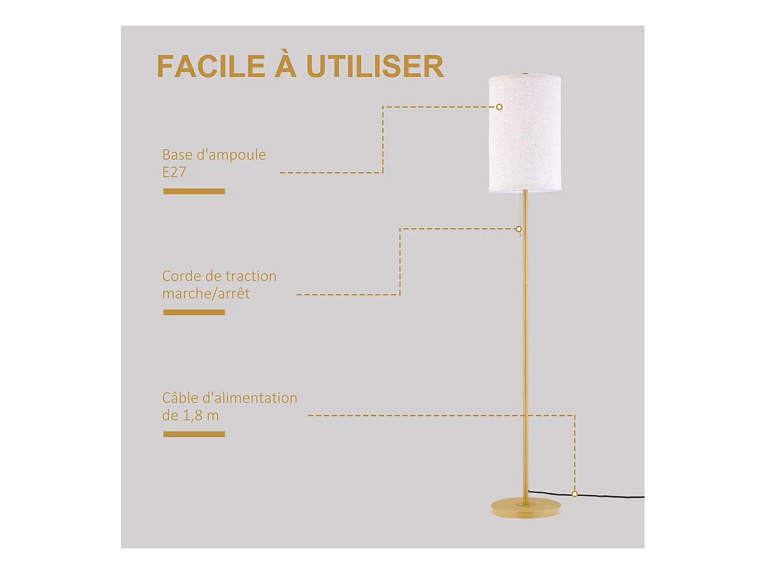 Lampadaire design néo-rétro 40 W max. piètement mât acier doré abat-jour lin crème