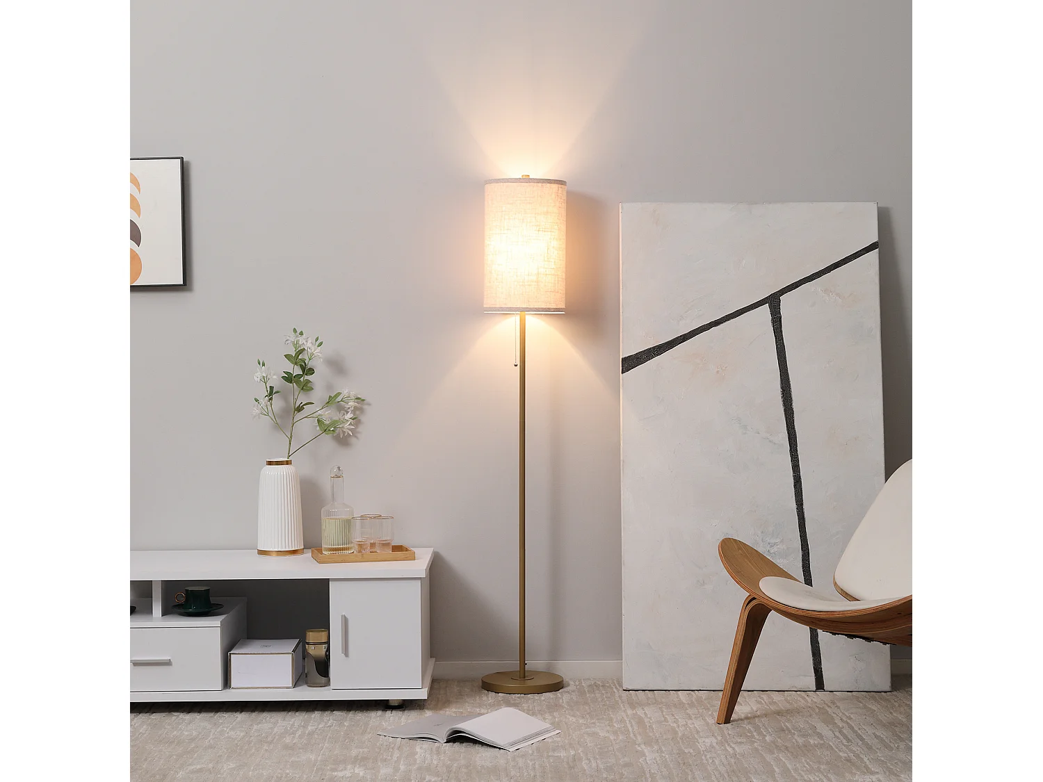 Lampadaire design néo-rétro 40 W max. piètement mât acier doré abat-jour lin crème